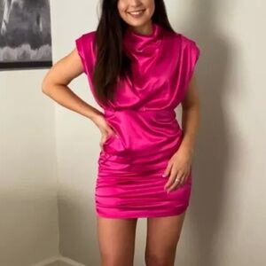 Pink Glamaker Shoulder Pad Ruched Fitted Dress